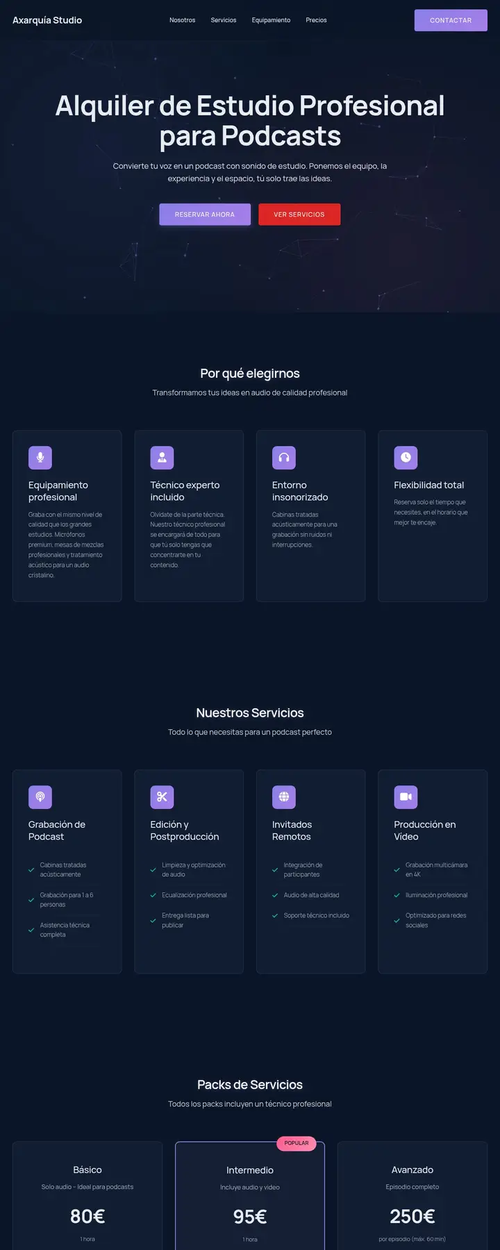 Página web de Axarquía Studio, estudio de grabación y podcast en la Axarquía, diseñada por Tu Meta Digital