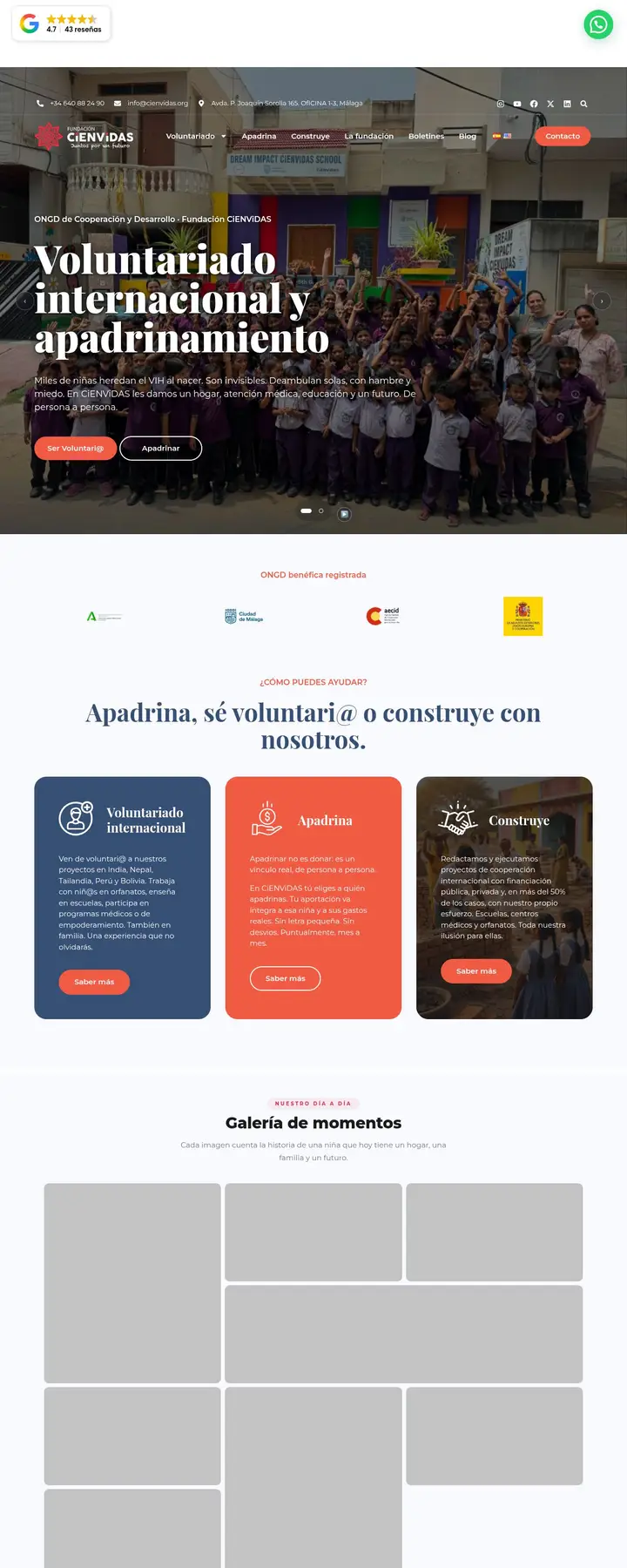 Página web de la Fundación CiENViDAS, ONG de voluntariado y apadrinamiento, diseñada por Tu Meta Digital