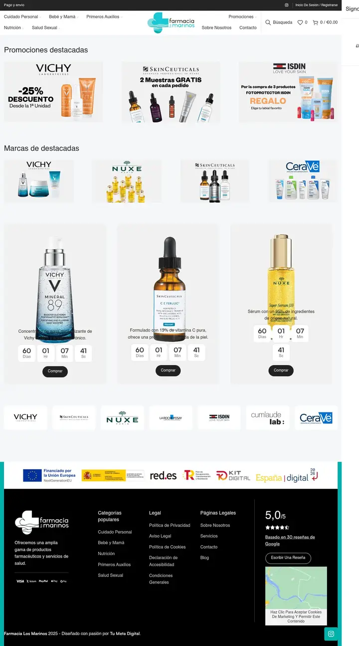 Tienda online de Farmacia Los Marinos diseñada por Tu Meta Digital