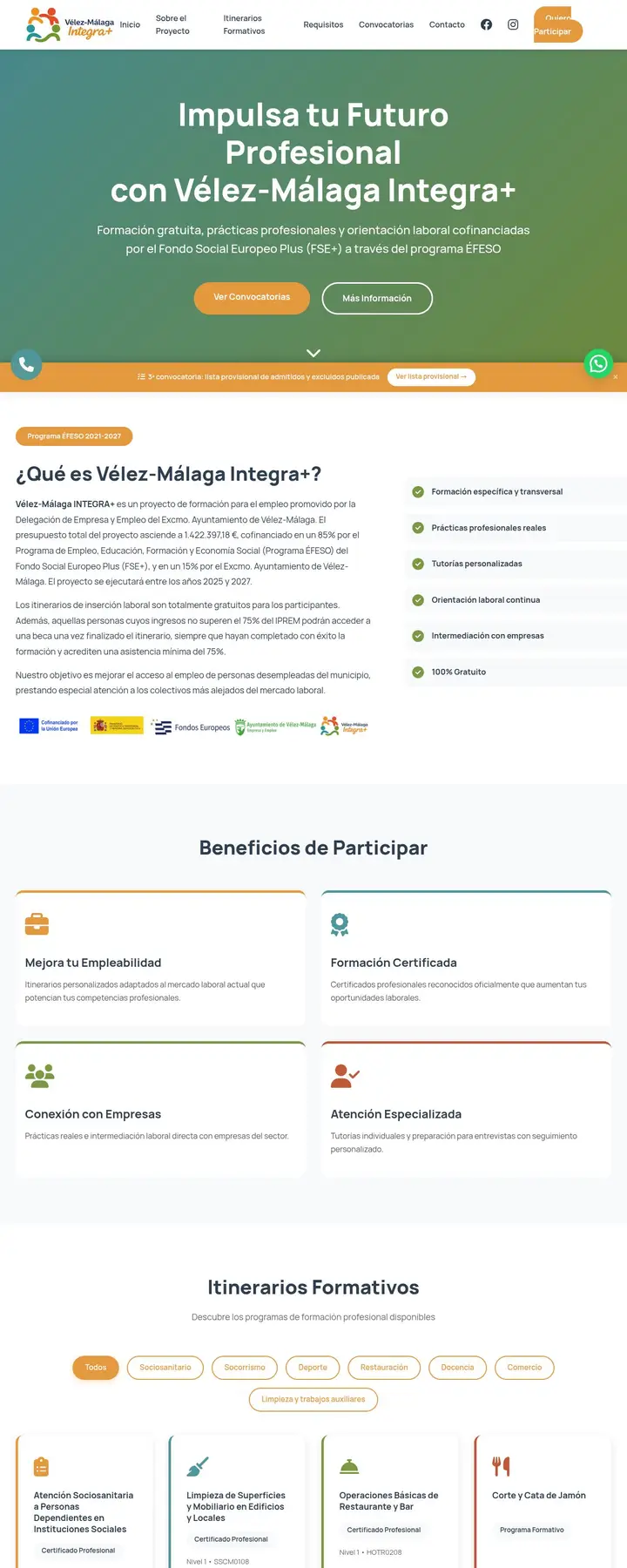 Web del proyecto Vélez-Málaga Integra+ del Ayuntamiento de Vélez-Málaga diseñada por Tu Meta Digital
