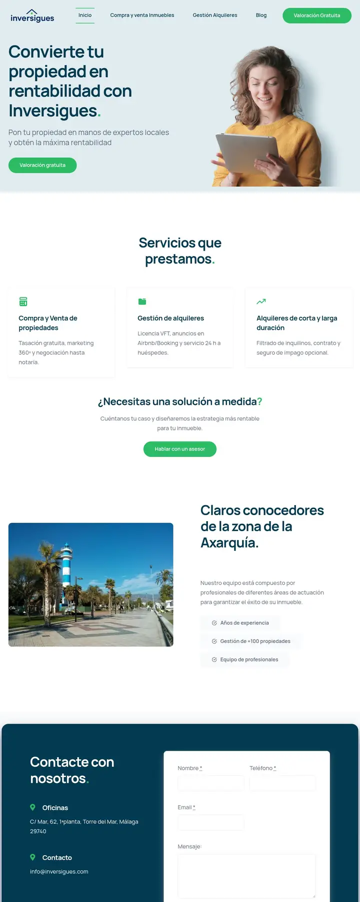 Página web de la inmobiliaria Inversigues en Torre del Mar diseñada por Tu Meta Digital