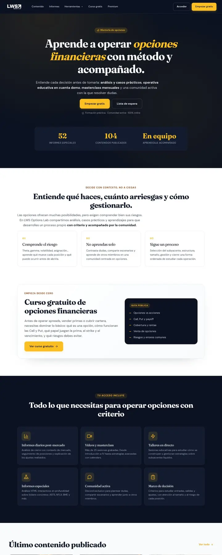 Plataforma de formación en opciones financieras LWS Options Lab desarrollada por Tu Meta Digital