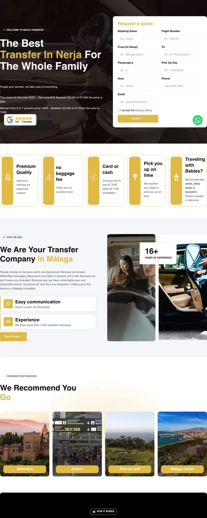 Página web de Nerja Transfer Service, traslados desde el aeropuerto de Málaga a Nerja, diseñada por Tu Meta Digital