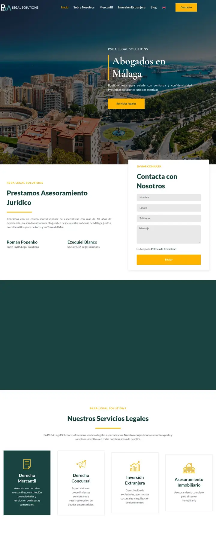 Página web del despacho de abogados P&BA Legal Solutions en Málaga diseñada por Tu Meta Digital