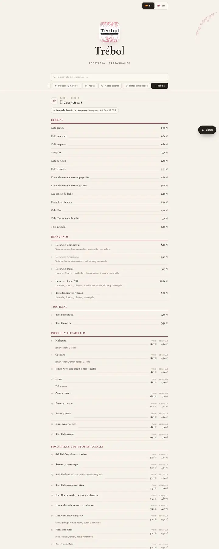Carta digital bilingüe del restaurante Trébol diseñada por Tu Meta Digital